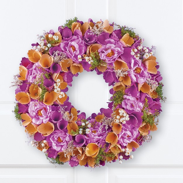 Collections Etc Pink And Purple Wooden Floral Hanging Wreath