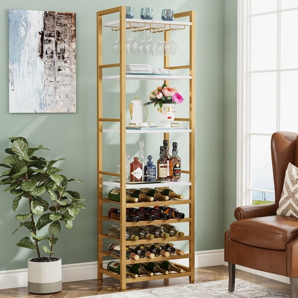 20 Bottle Freestanding Floor Wine Rack， 9 Tier Floor Liquor Cabinet with Glass Holder and Storage Shelves