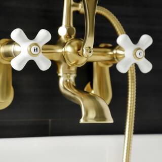 Kingston Brass Aqua Vintage 3-Handle Wall-Mount Clawfoot Tub Faucets with Hand Shower in Brushed Brass HAE59T7