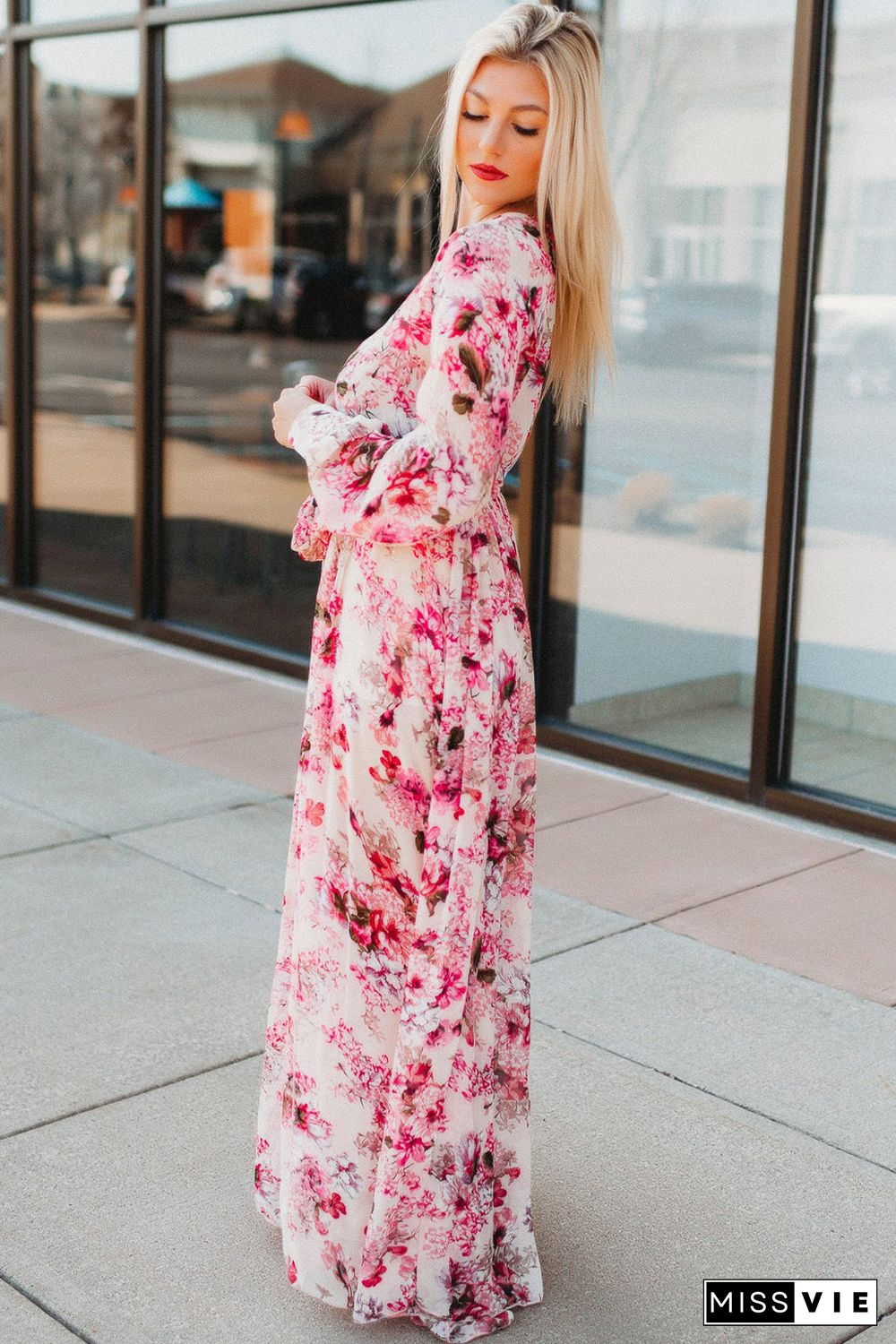 Pink Wrap V Neck Floral Maxi Dress