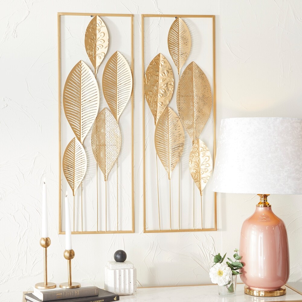 CosmoLiving by Cosmopolitan Gold Metal Tall Cut Out Leaf Wall Decor with Gold Frame (Set of 2)