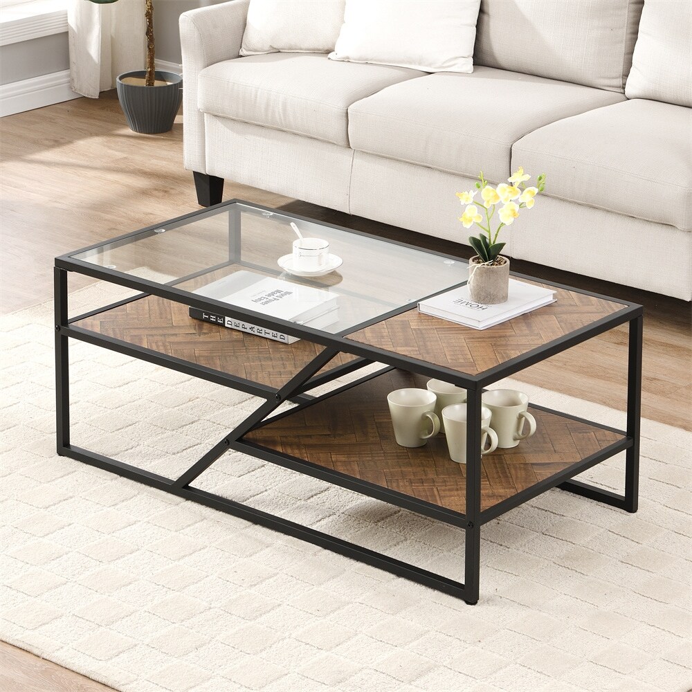 Coffee Table with Storage Shelf Tempered Glass End Table   43.31* 21.56* 17.91 inch