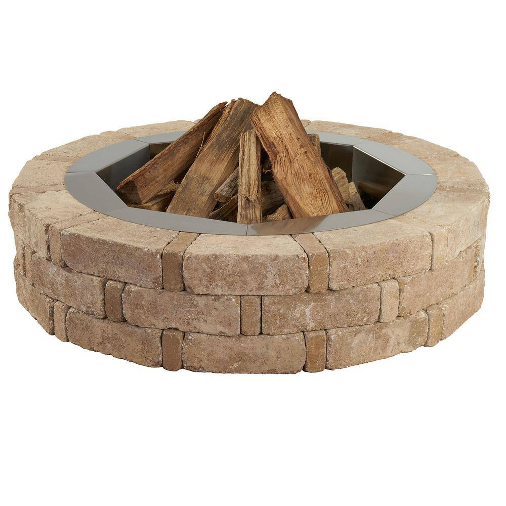 Pavestone RumbleStone 46 in. x 10.5 in. Round Concrete Fire Pit Kit No. 1 in Cafe with Round Steel Insert RSK55769