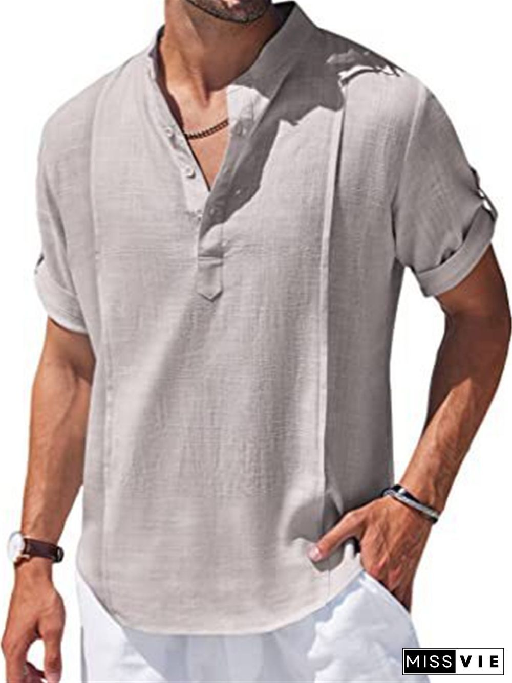 Linen Shirt Casual Beach Shirt Short Sleeve T-shirt Solid Color Stand-up Collar Top S M L XL 2XL 3XL 4XL 5XL