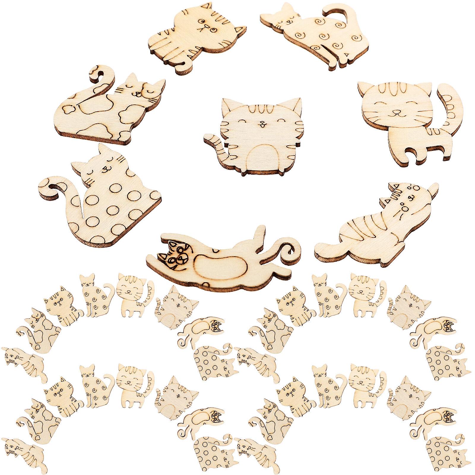 100pcs Unfinished Wood Cutouts Cat Shape Wood Slices Diy Cat Wood Slices Adorable Animal Cutouts