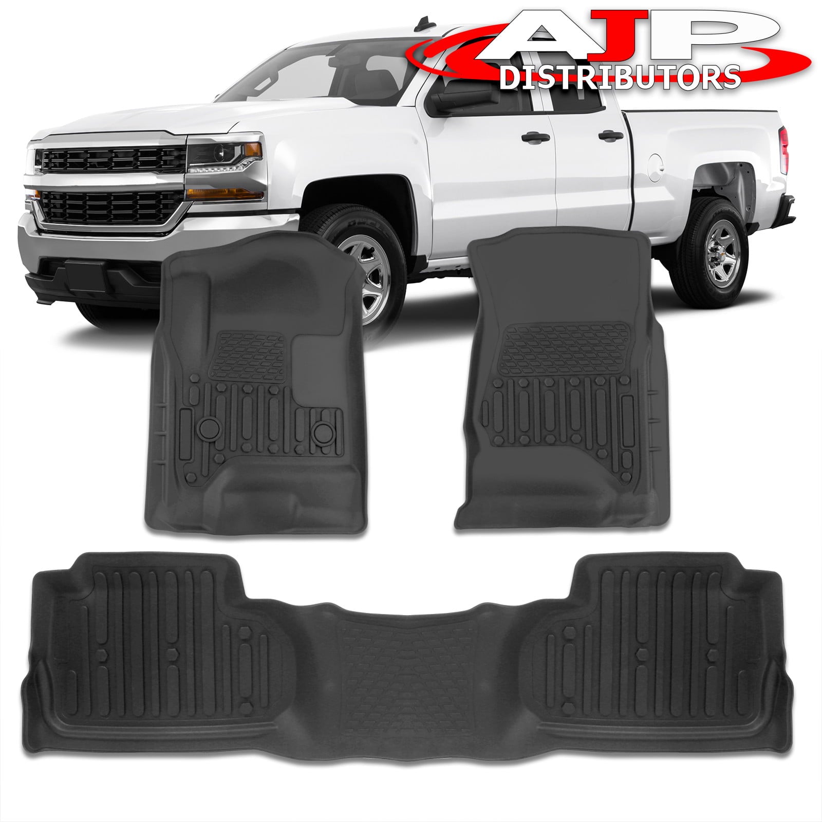 AJP Distributors 3-Piece All Weather Season Guard Rubber Floor Mats Liner Front Rear Compatible/Replacement For Silverado Sierra Double Extended Cab 1500 2500HD 3500 HD 2014 2015 2016 2017 2018 2019