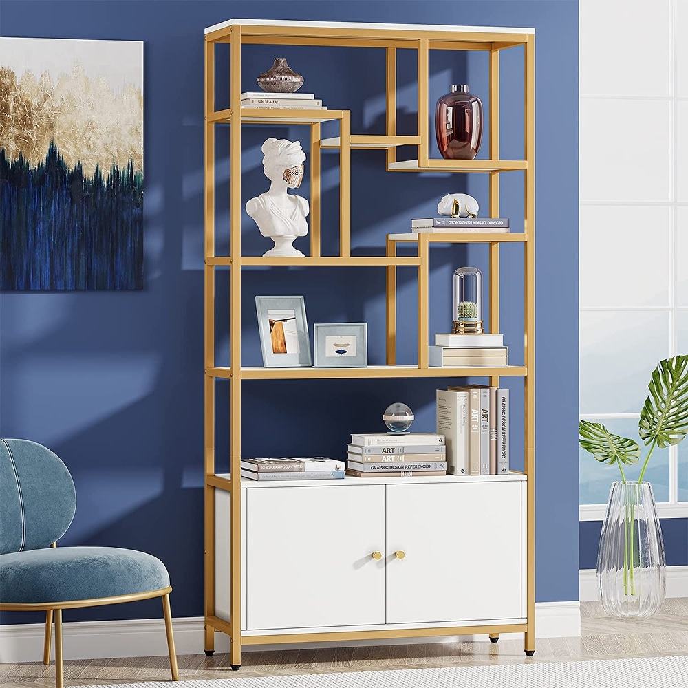 Modern White Gold 6 Tier Bookshelf Bookcase with Doors 74 Inches Tall Bookshelf for Living Room Bedroom Office Study Room