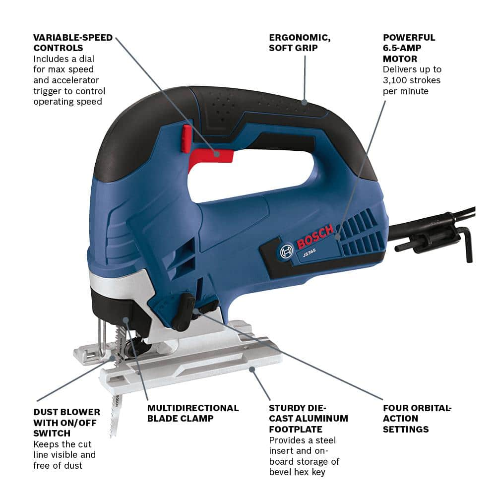 Bosch 6.5 Amp Corded Variable Speed Jig Saw Kit with Bonus 2.5 Amp Corded Random Orbital Sander/Polisher Kit and Case JS365+ROS20VSK