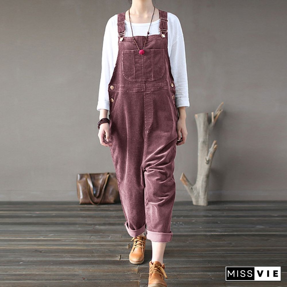 ZANZEA Women New Retro Solid Color Corduroy Suspender Pants Jumpsuit Rompers Long Pants Dungaree