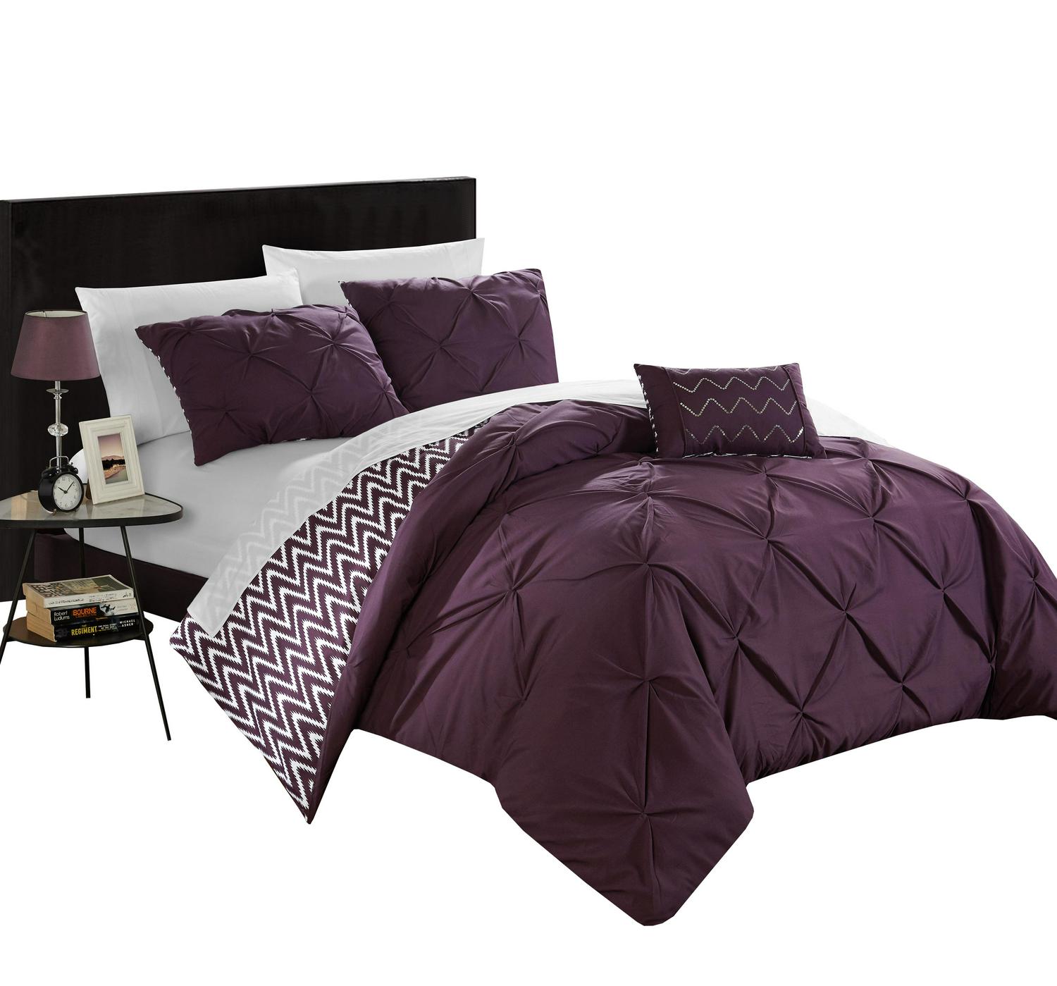 Chic Home Erin 8-Piece Reversible Pinch Pleat Comforter Set， Full/Queen， Purple