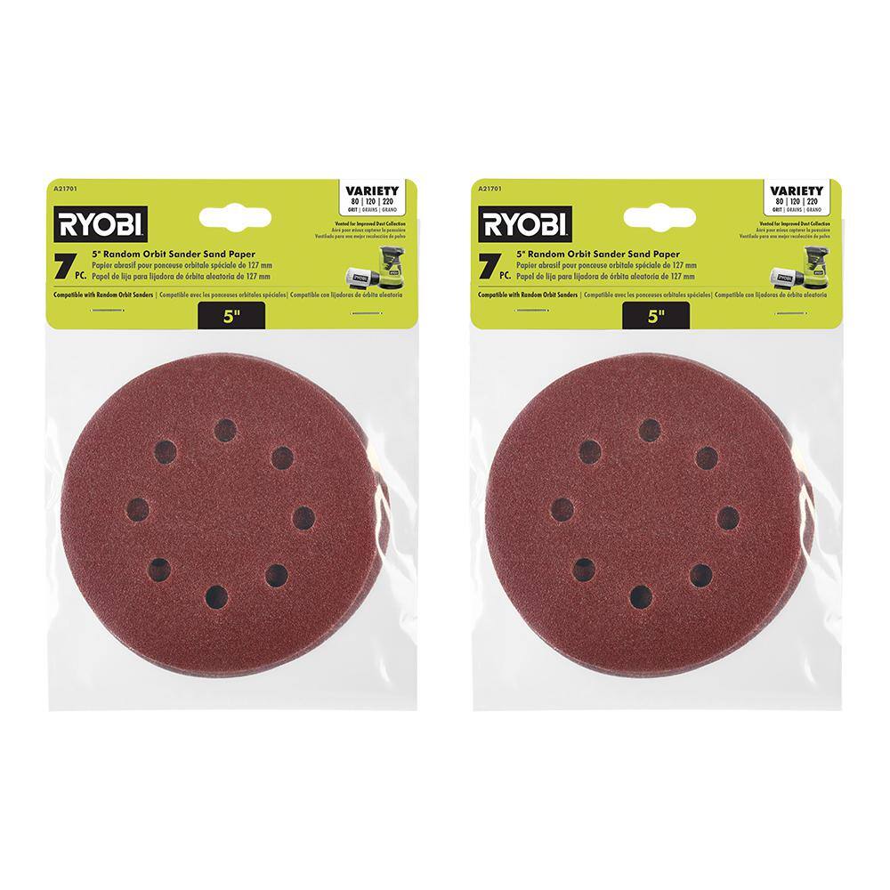 RYOBI 14-Piece 5 in. Random Orbit Sand Paper Assortment Set - 80 120 and 220 Grit A21701-2