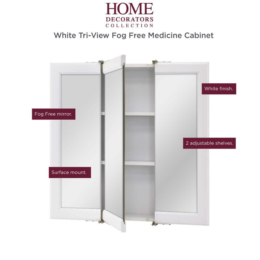 Home Decorators Collection 24316 in W x 24316 in H Fog Free Framed SurfaceMount TriView Bathroom Medicine Cabinet in White