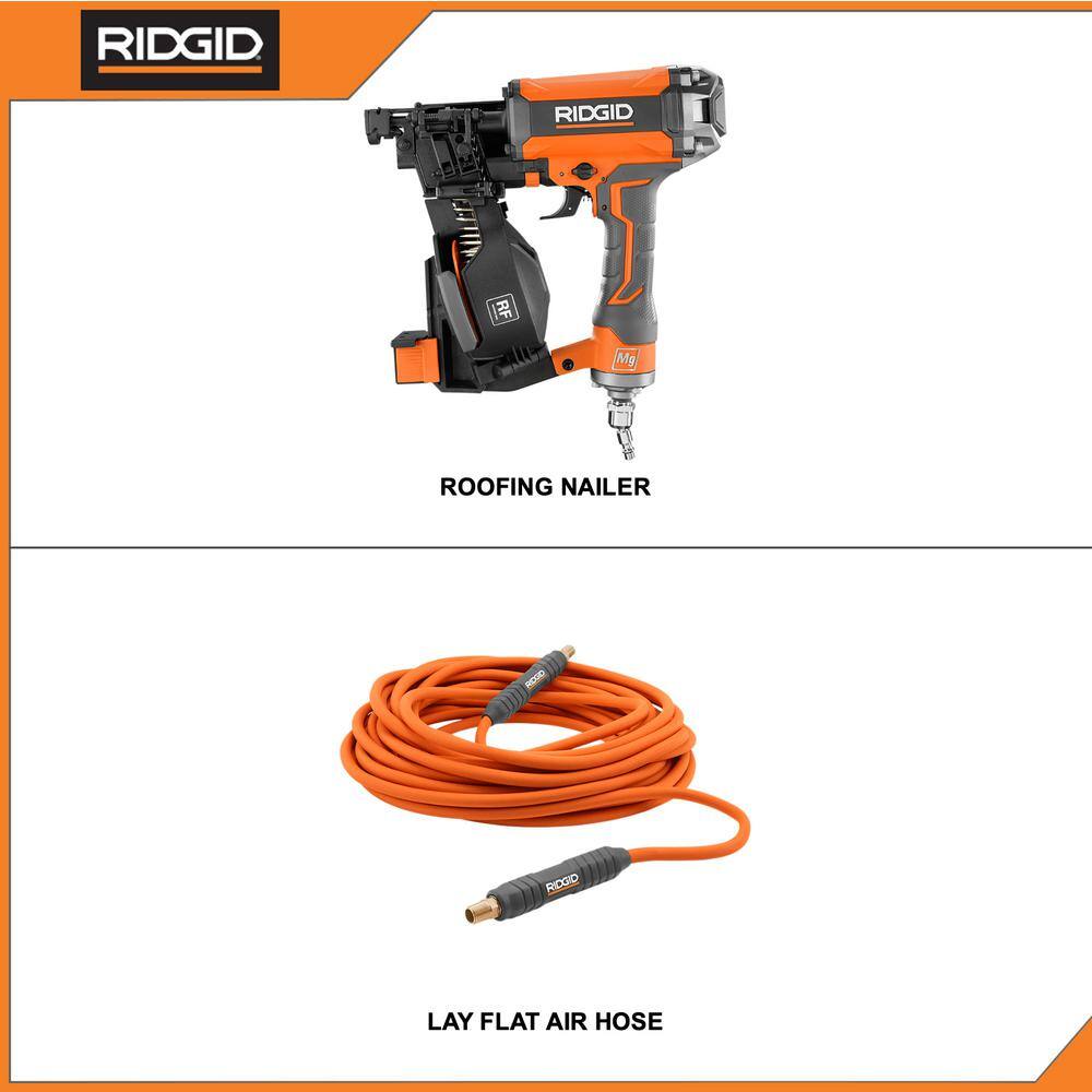 RIDGID Pneumatic 15-Degree 1-34 in. Coil Roofing Nailer with 14 in. 50 ft. Lay Flat Air Hose R175RNF-R5025LF