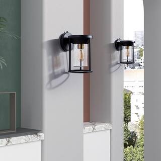 Maxax Hawaii 11.02 in. H Black Seeded Glass Hardwired Outdoor Wall Lantern Sconce with Dusk to Dawn (Set of 2) 25252W