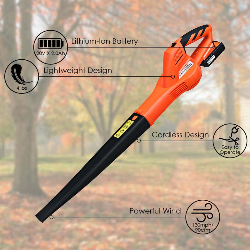 Cordless Leaf Blower, 130 MPH 90 CFM Electric Dust Blower, 20V 2.0Ah Battery Powered Blower, Lightweight Handheld Sweeper for Garden