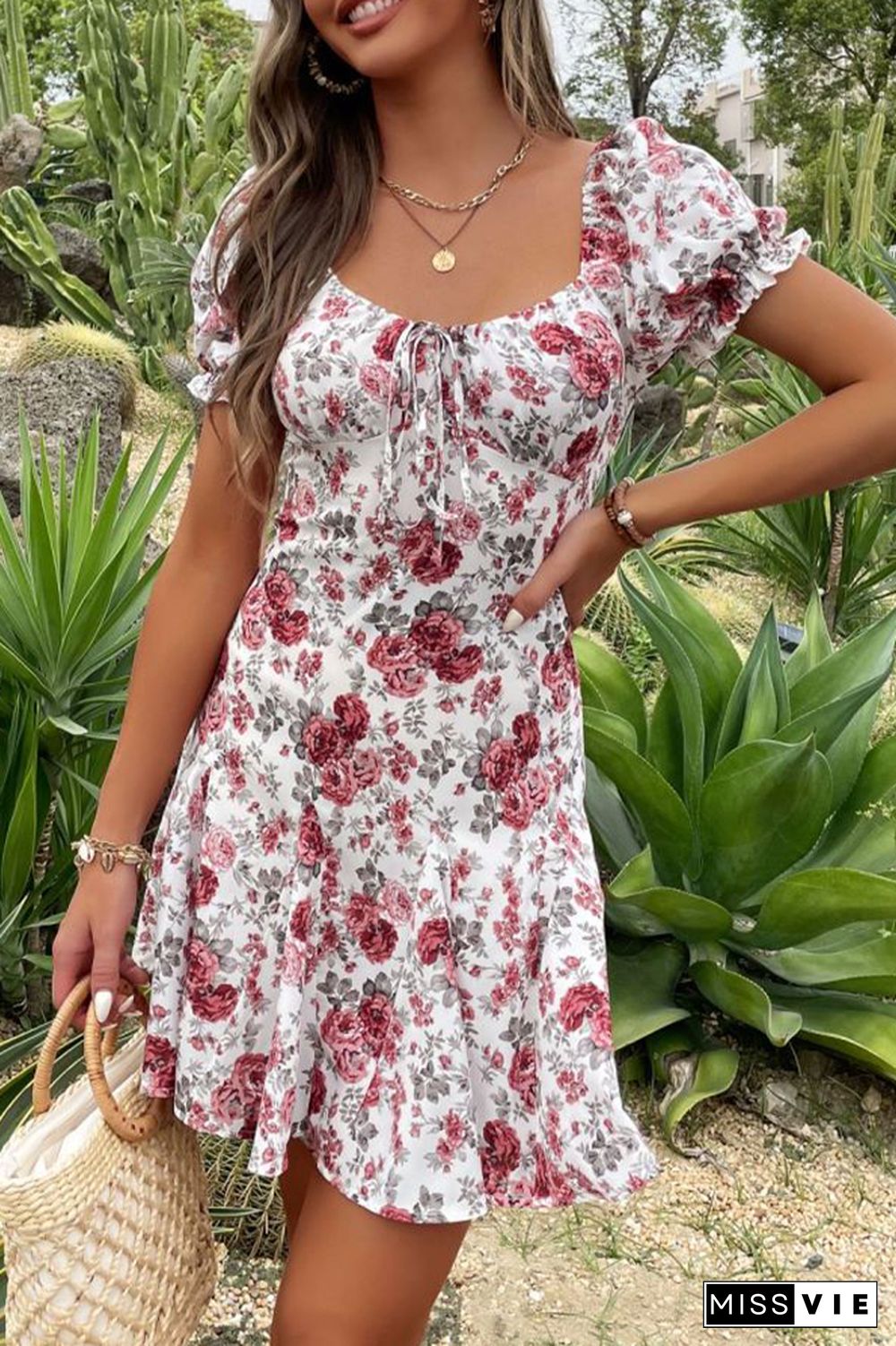 White And Red Floral Print Mini Dress Wholesale