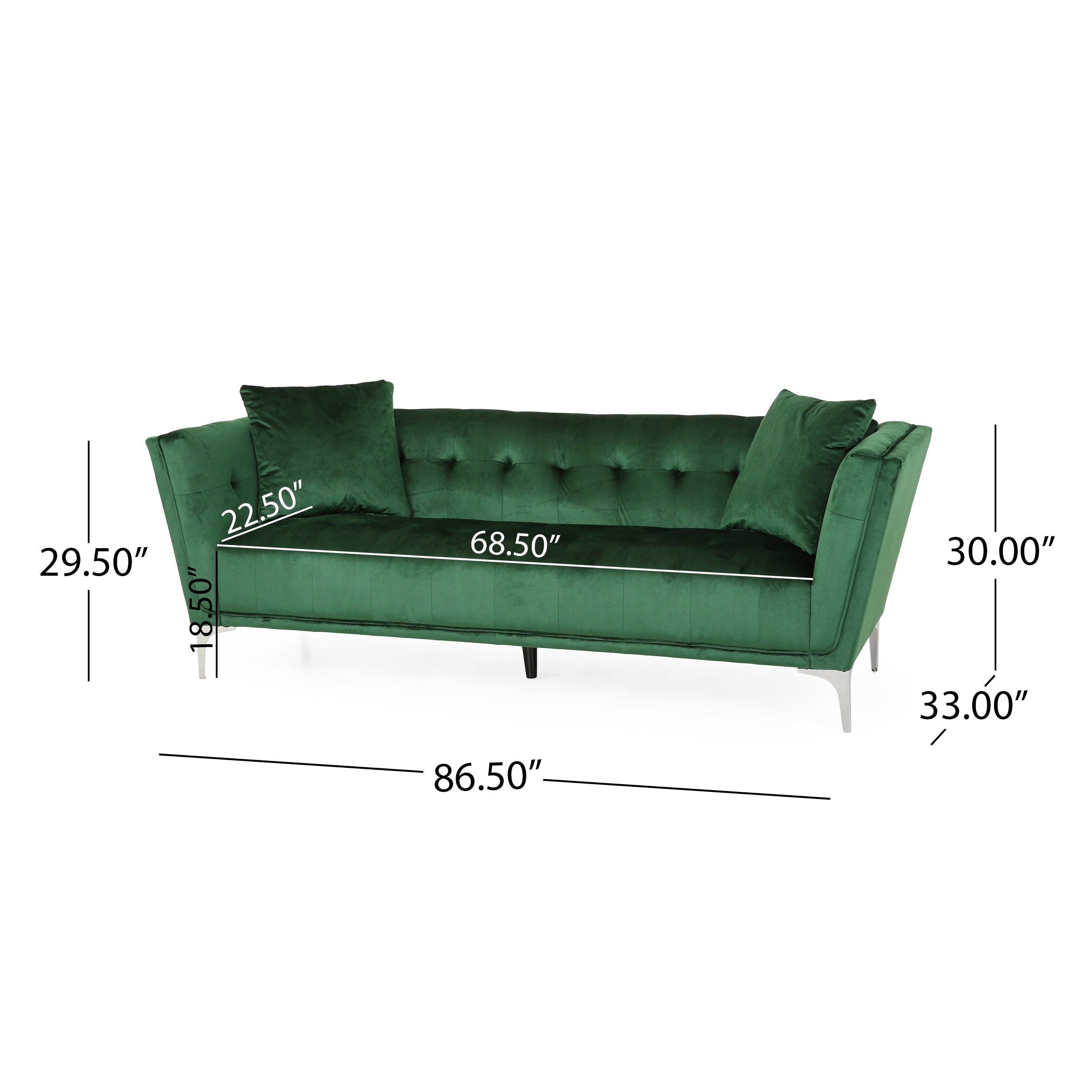 Noble House Emilio Velvet Sofa, Emerald, Silver