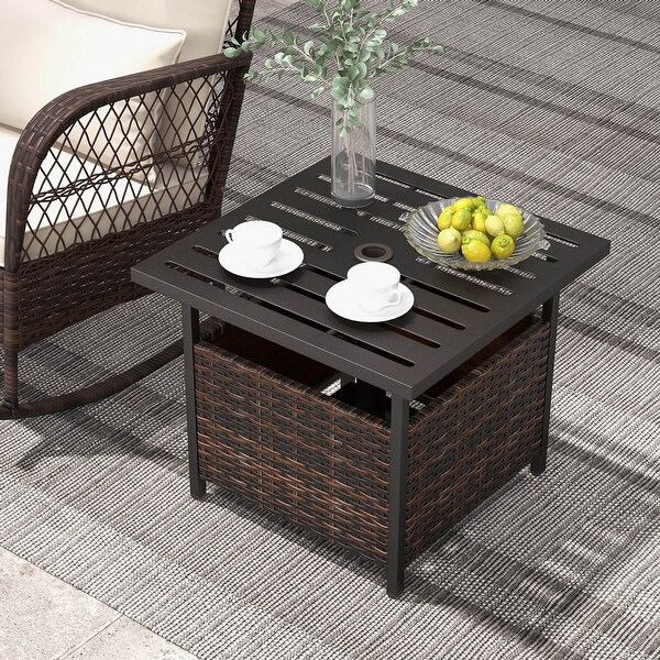 Costway Brown Rattan Wicker Steel Side Table Outdoor Furniture Deck