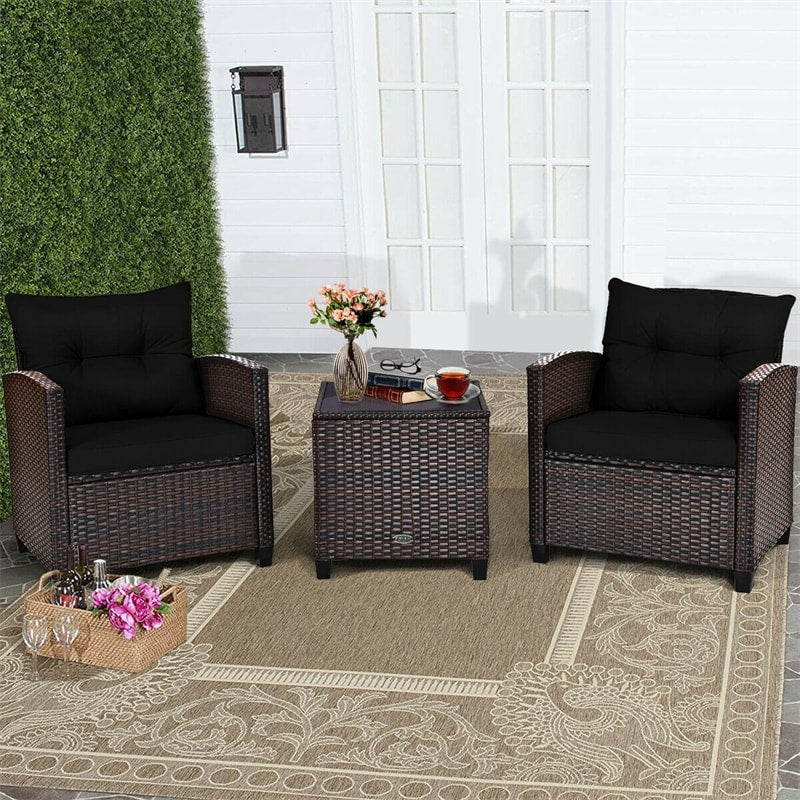 3 Pieces Patio Rattan Furniture Set Outdoor Wicker Conversation Set with Washable Cushion and Coffee Table