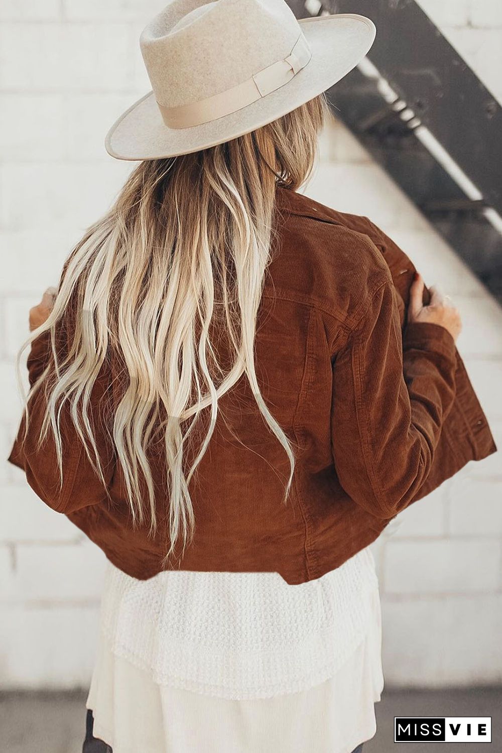 Brown Corduroy Button-Down Jacket with Pocket