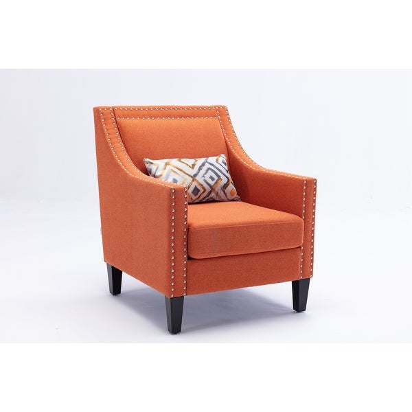 Modern Accent Armchair with Nailheads Trim(from Bottom to Top) and Wood Legs， Barrel Chair with Curved edges， Orange