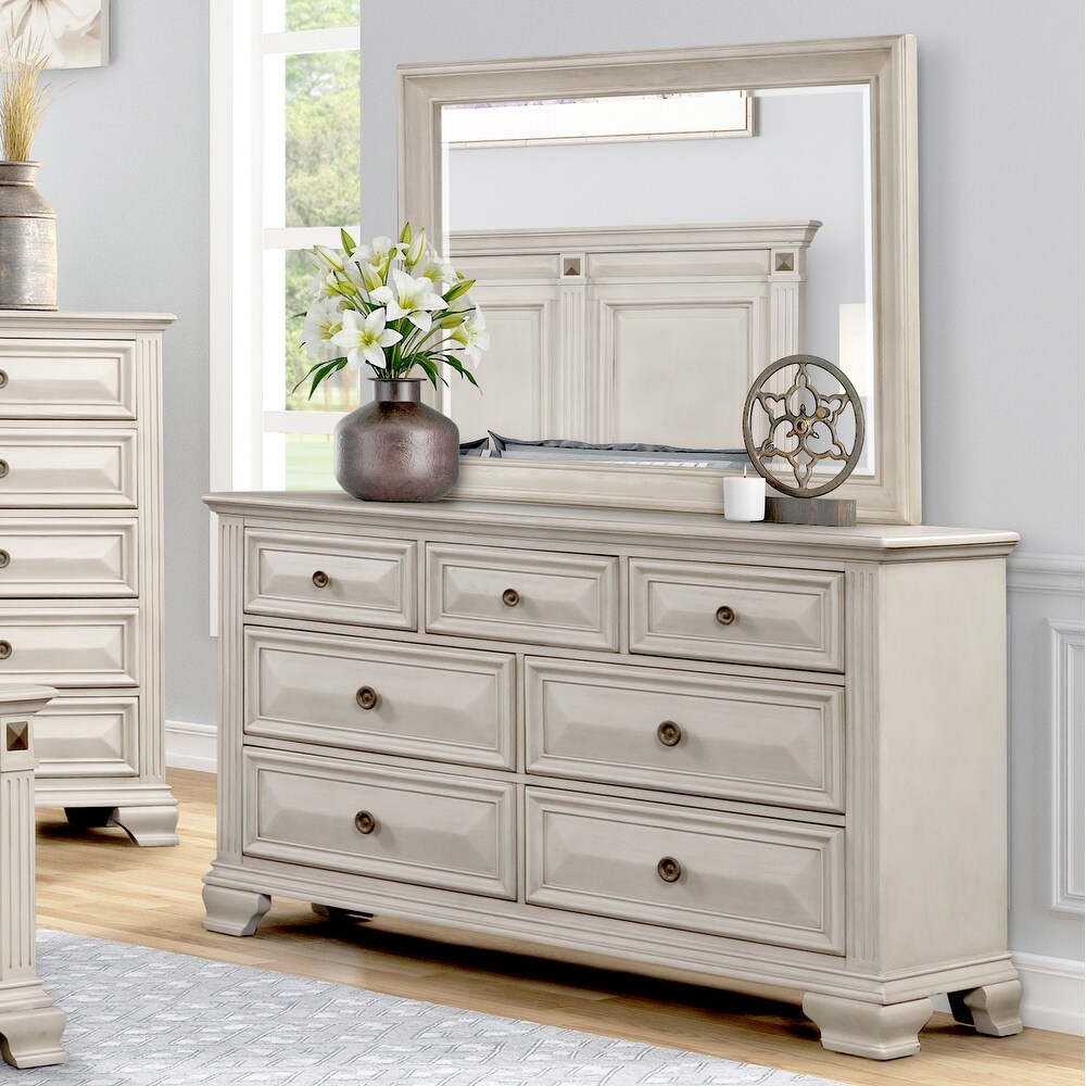 Roundhill Furniture Renova Distressed Parchment Wood Bedroom Set with Panel Bed  Dresser  Mirror  Nightstand  Chest