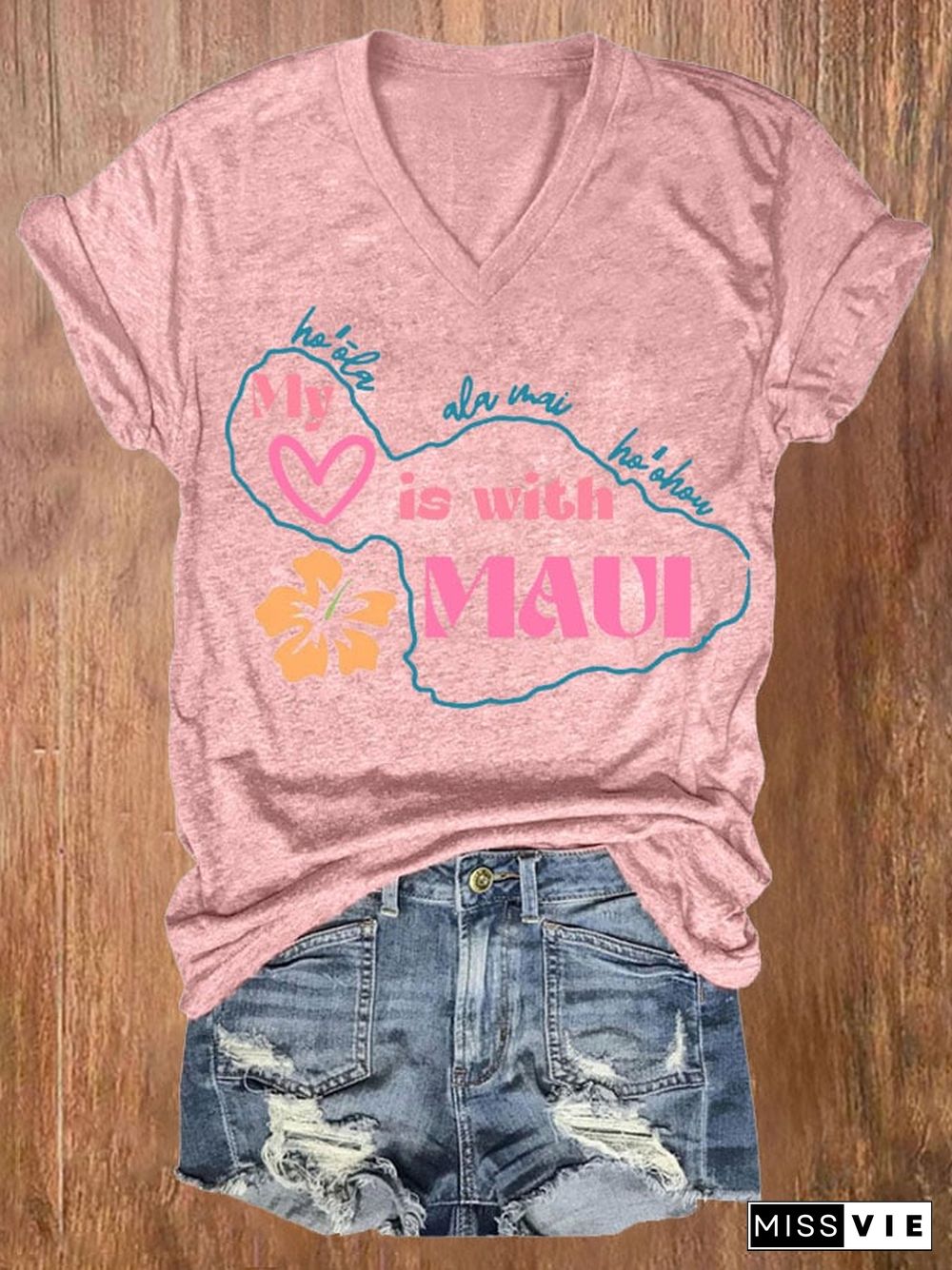 Women's Maui Strong My Heart Is With Maui Print Short Sleeve T-Shirt