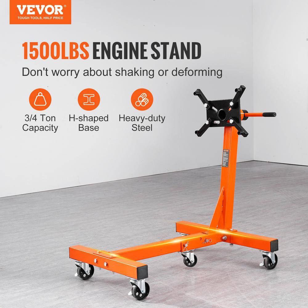 VEVOR Rotating Engine Stand 1500 lbs. with 360 Adjustable Head Cast Iron Folding Motor Hoist Dolly 5-Caster 4 Arms YDXZS1500LBS5QG38V0