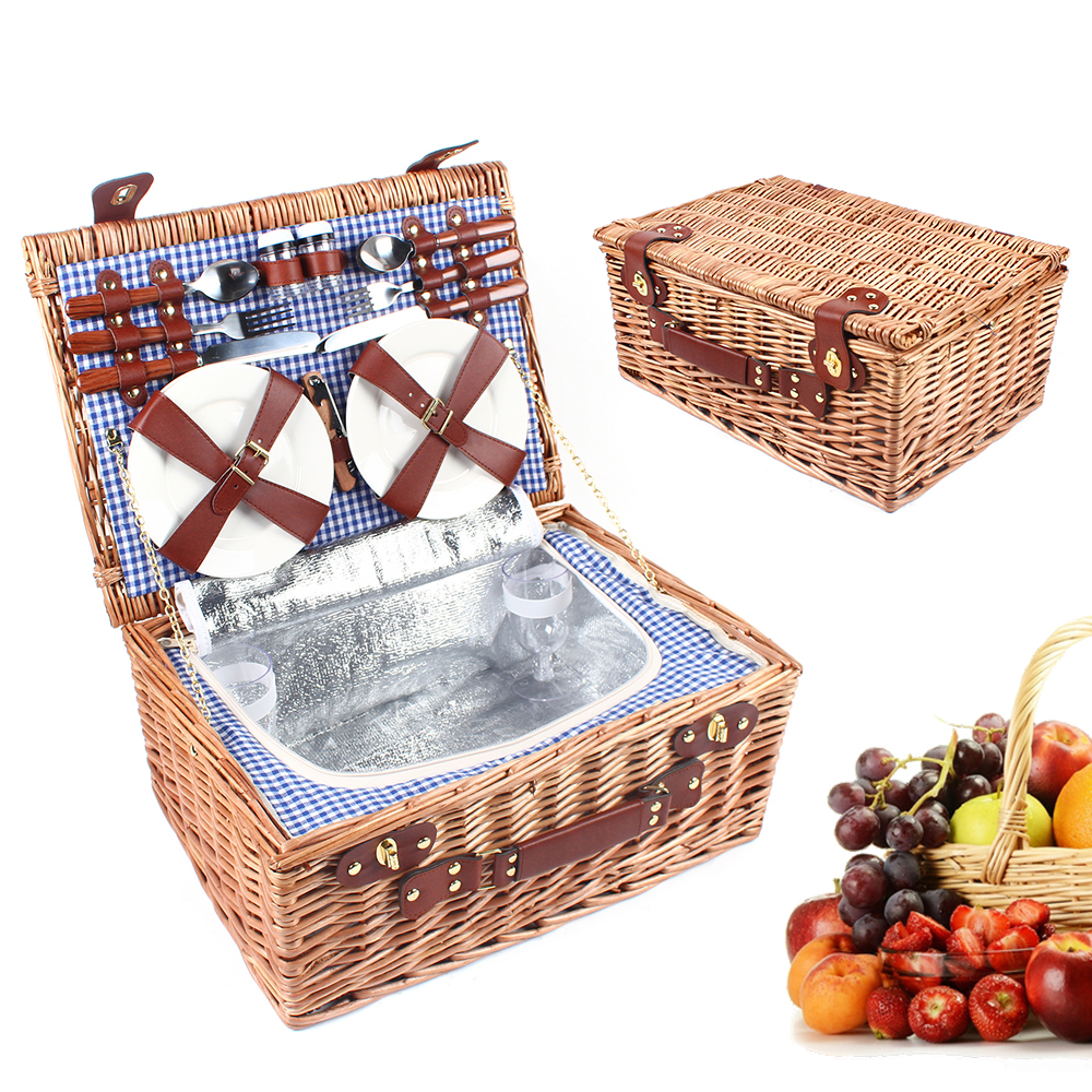 Miumaeov Wicker Picnic Basket Sets for 4 Persons with Insulation Layer Portable Brown