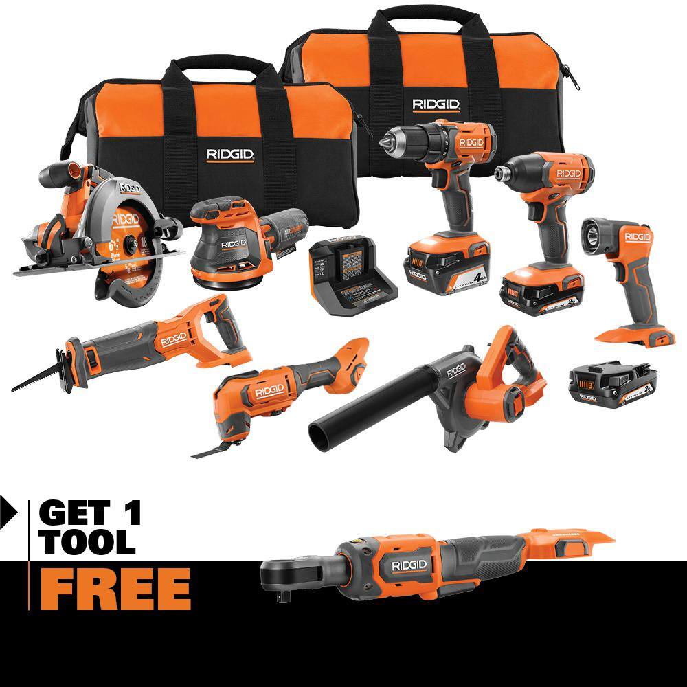 RIDGID 18V Cordless 8-Tool Combo Kit with (3) Batteries Charger and Bag with 18V 38 in. Ratchet R96258-R866011B