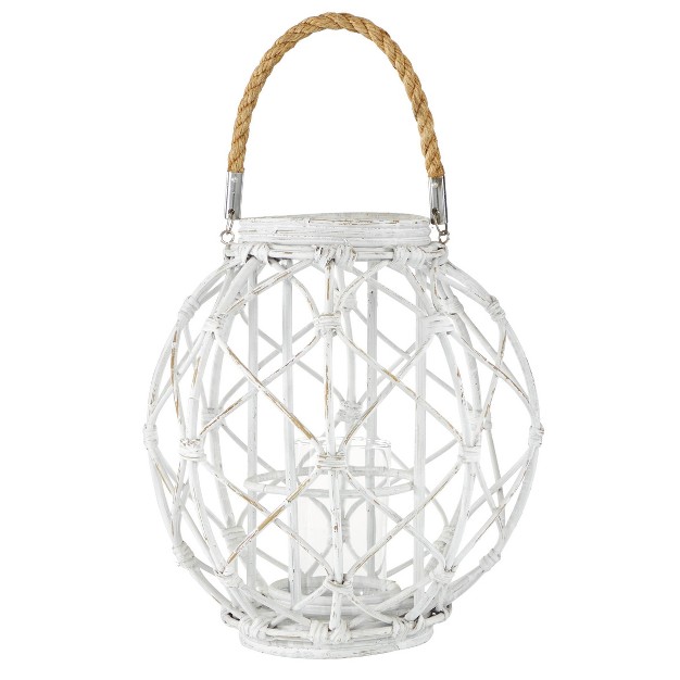 X 15 quot Woven Rattan glass Lantern With Burlap Jute Rope Handle White Olivia amp May