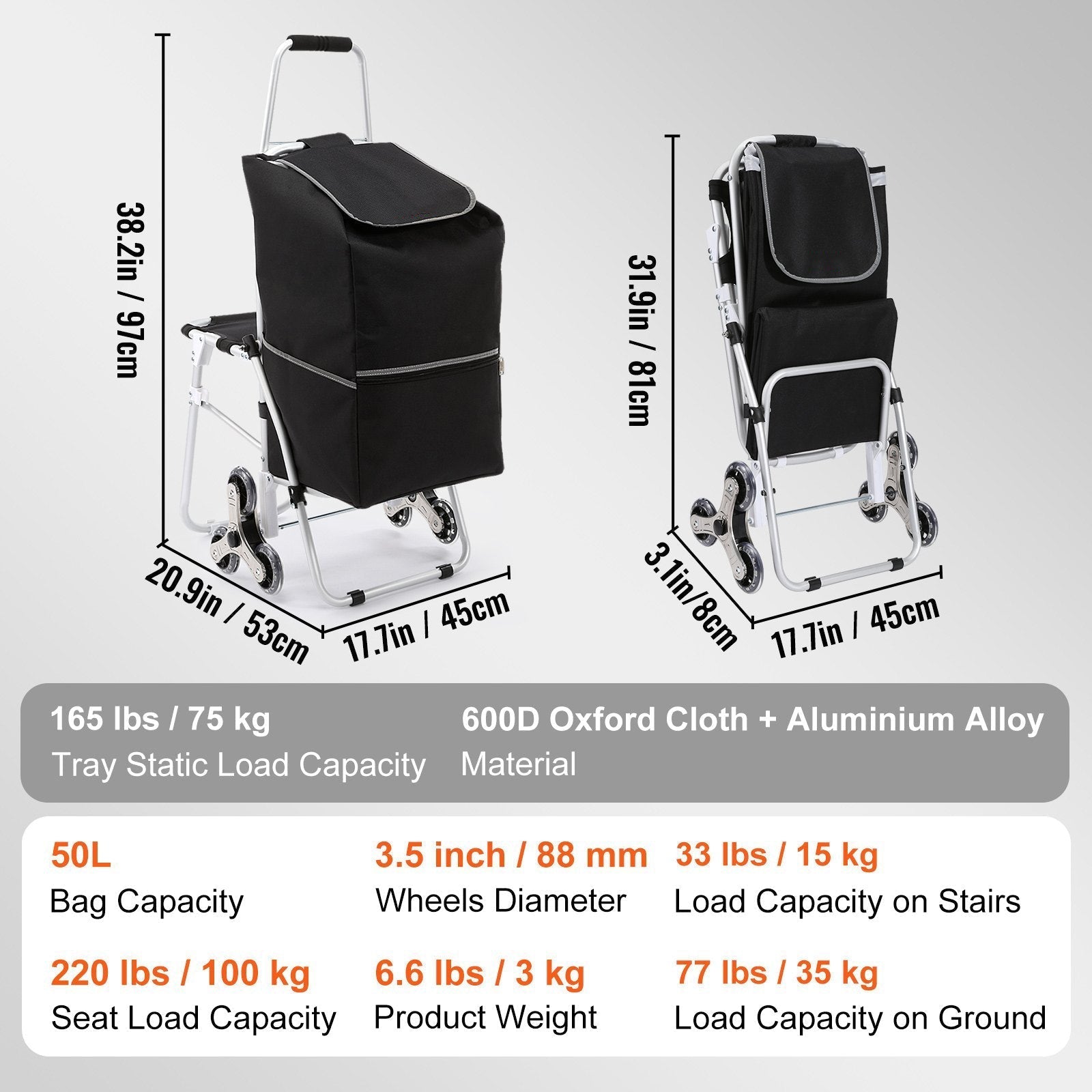 Sturdy 50L Foldable Shopping Stair Climbing Cart With Bag And Seat