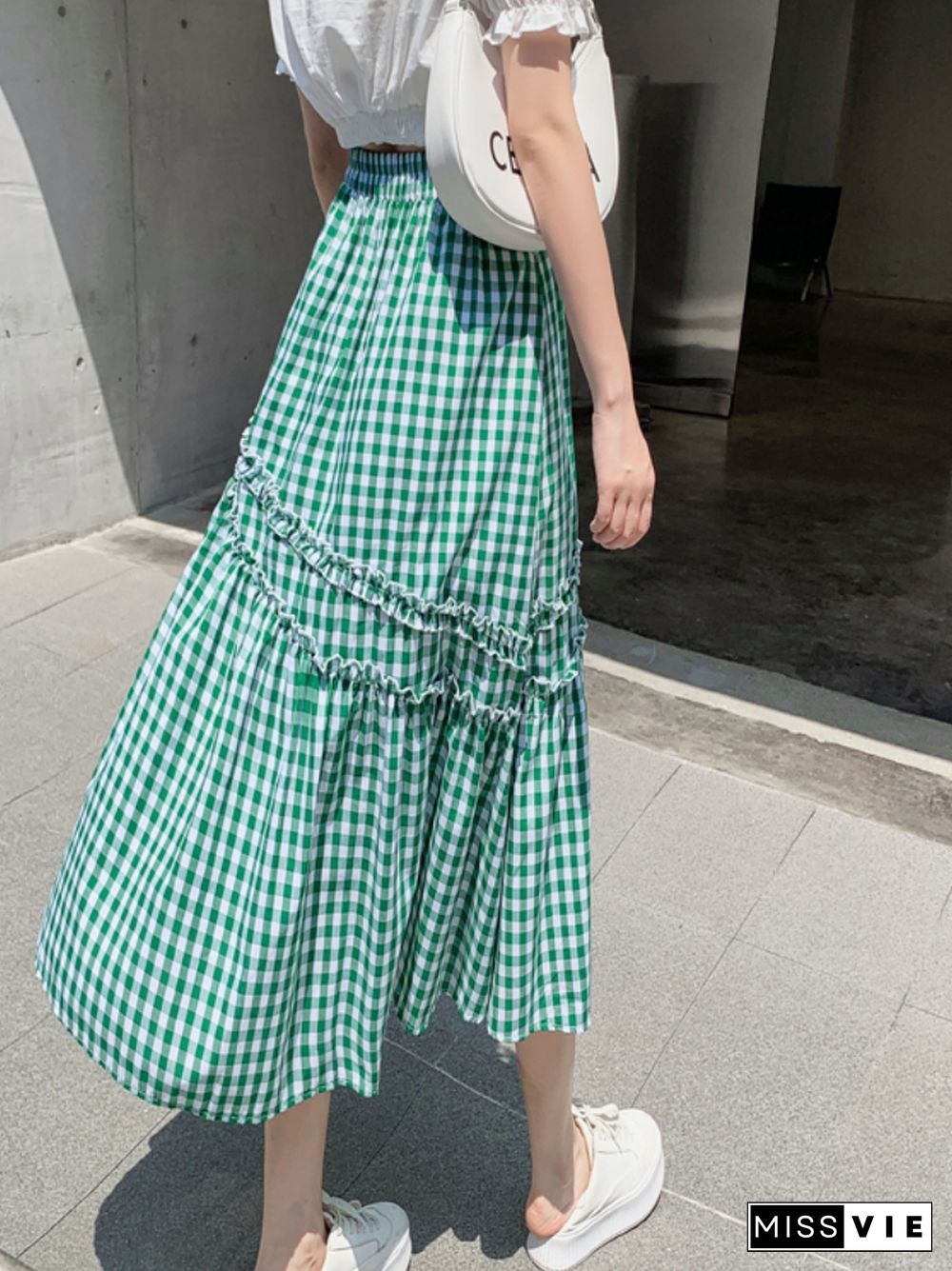 Cotton Linen Plaid Skirt Women Summer Korean Fashion High Waist Mid-length Skrits Female Retro A-line Faldas Mujer