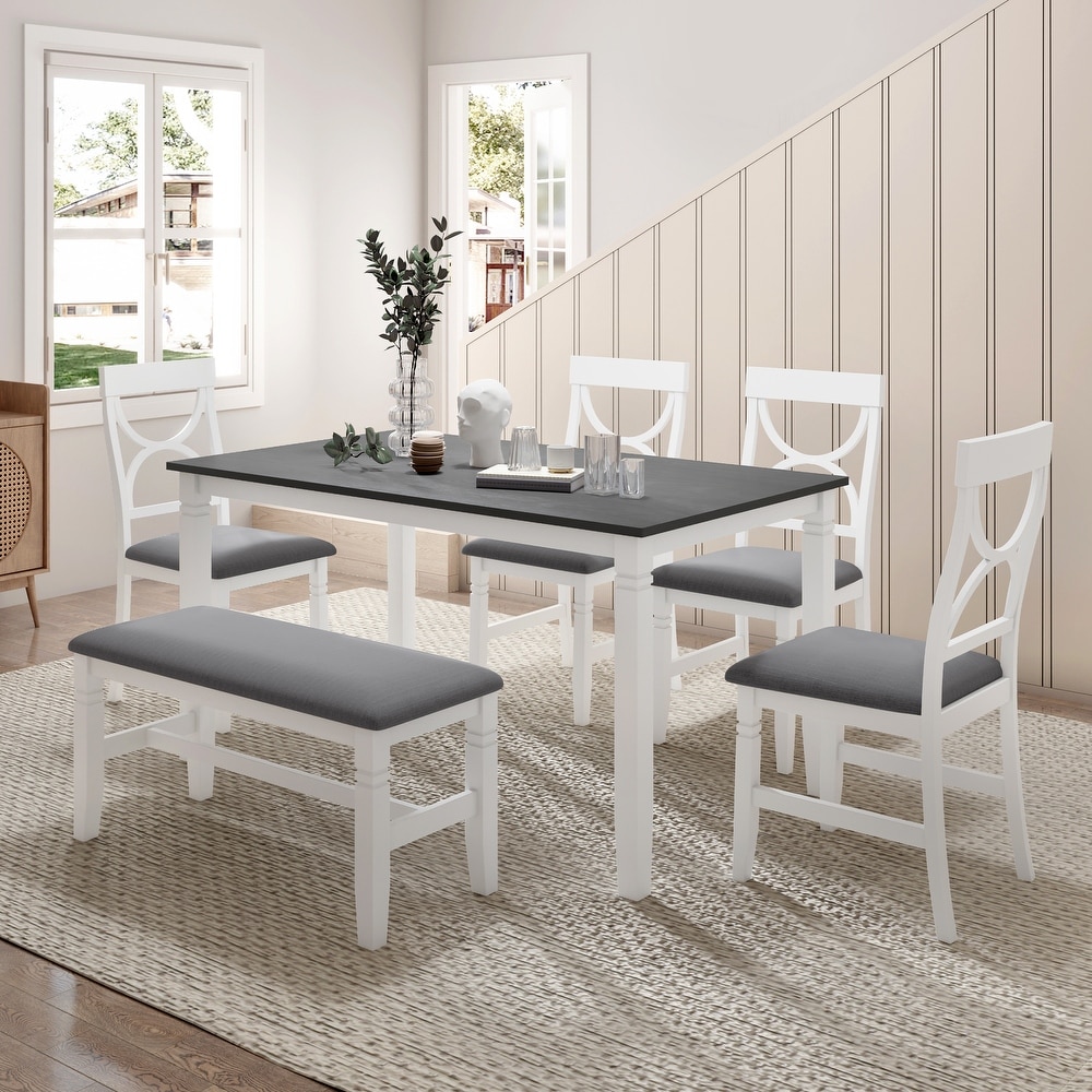 6 Piece Wood Dining Table Set with Bench Seating   Upholstered Chairs