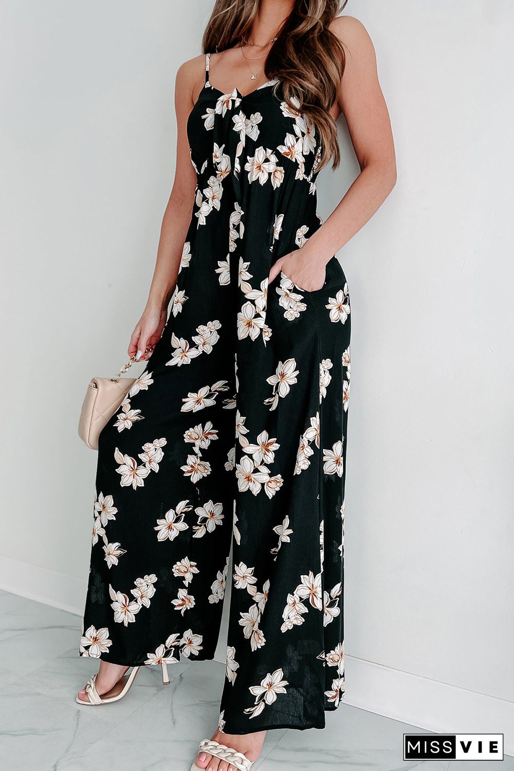 Black Tie Decor V Neck Floral Wide Leg Jumpsuit