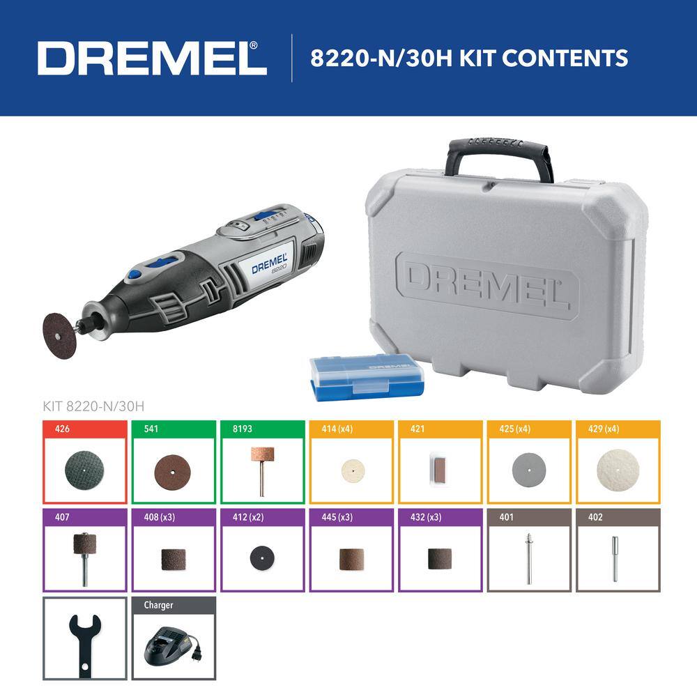 Dremel 8220 Series 12-Volt MAX Lithium-Ion Variable Speed Cordless Rotary Tool Kit with 30 Accessories and Case 8220-N30H