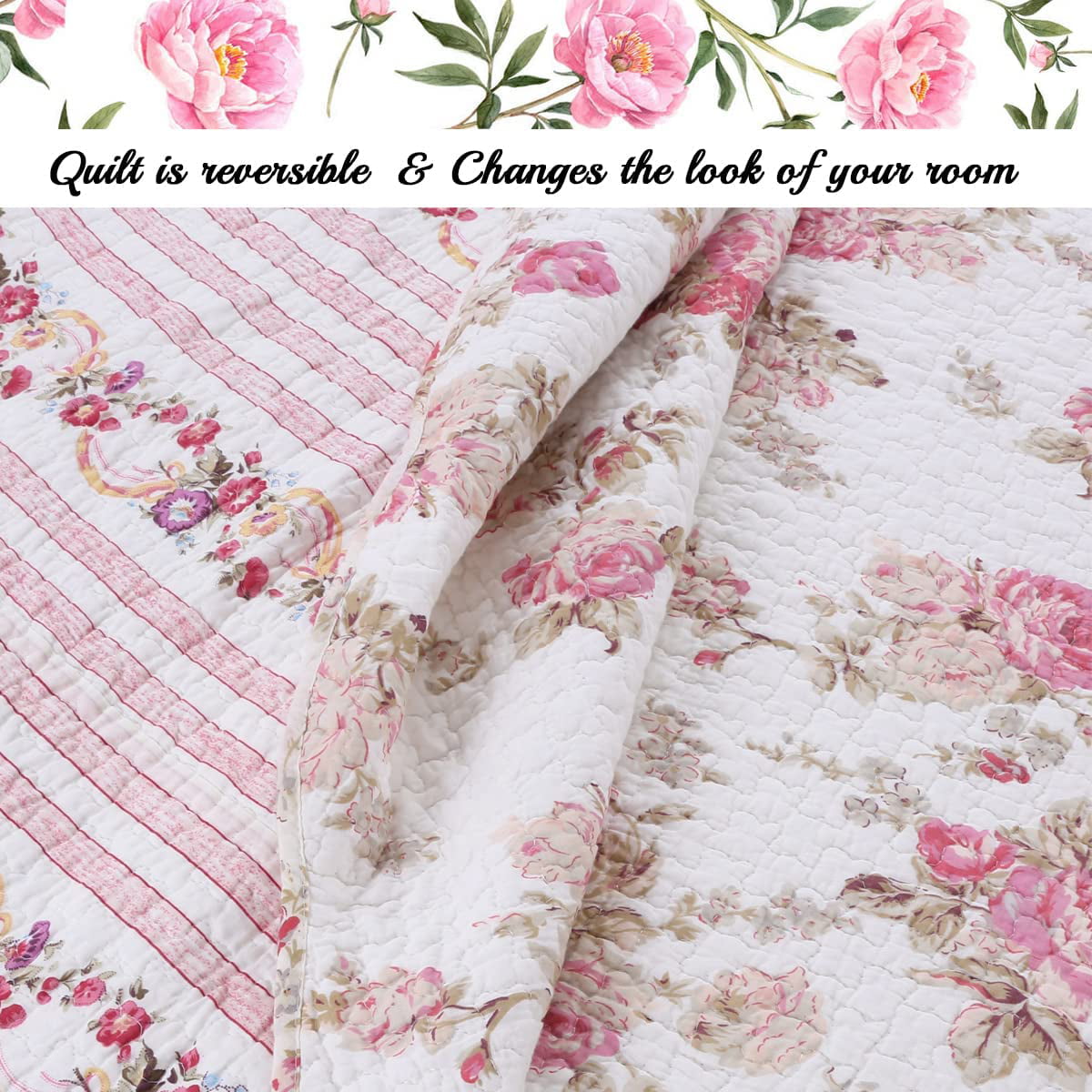 Cozy Line Shabby Chic Spring Rose 100% Cotton 3-Piece Quilt Set， Queen Set