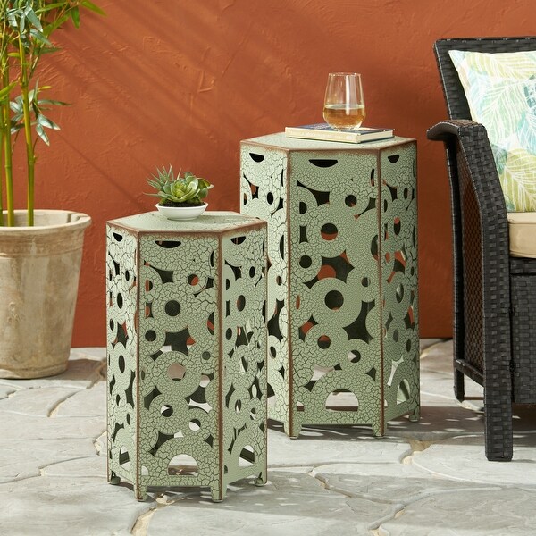 Outdoor Crackle Pattern Side Table，Accent Table Set of 2 with Hollow Out Design and Adjustable Levelers