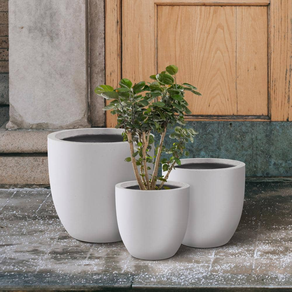 KANTE 18 in.， 14 in. and 10 in.W Pure White Concrete Round Planters (Set of 3)， Outdoor Indoor Modern Seamless Planter Pots RC0050ABC-C80011