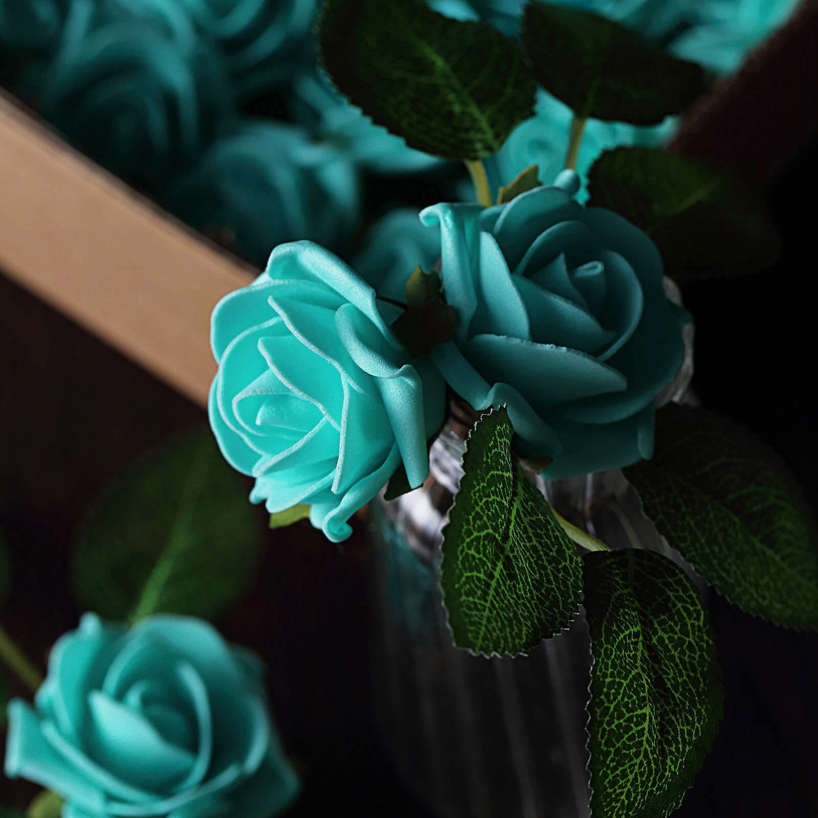 24 Roses Turquoise Artificial Foam Flowers With Stem Wire and Leaves 2