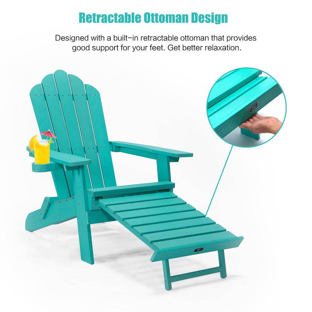 FORCLOVER Aruba Blue Reclining Composite Plastic WeatherResistant Folding Adirondack Chair with Pullout Ottoman and Cup Holder