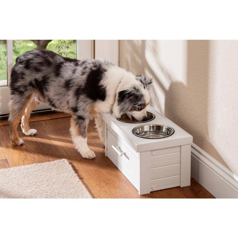 New Age Pet ECOFLEX Piedmont 40 oz. 2-Bowl Dog Diner with Storage Drawer in Antique White EHHF304S