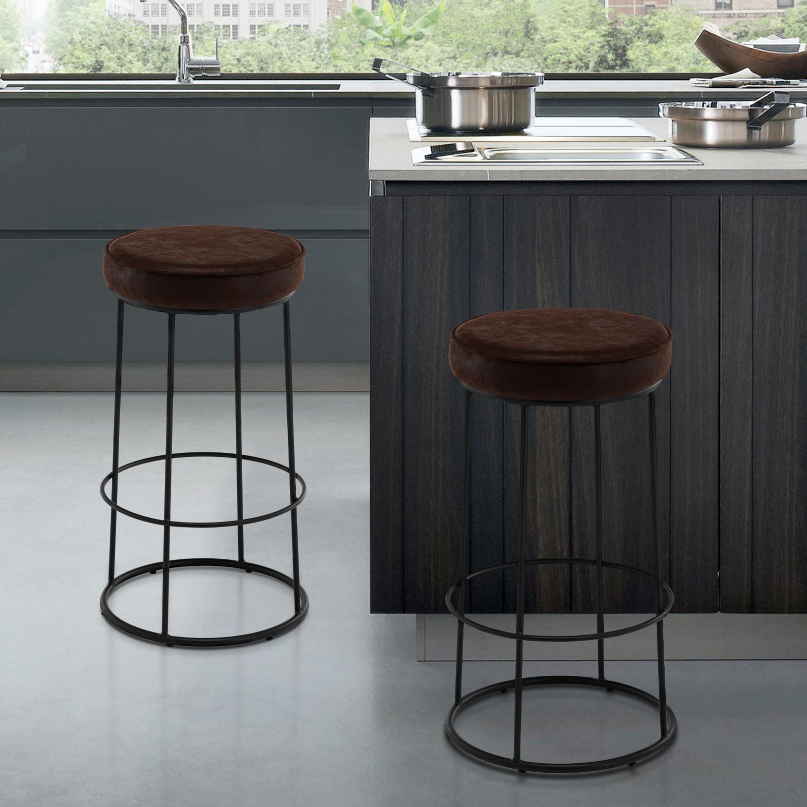 Duhome Bar Stools Counter Stools Set of 2 Pack Aged Fabric Modern Stools Counter Height for Breakfast Kitchen Island Bar 28 Inches Dark Brown