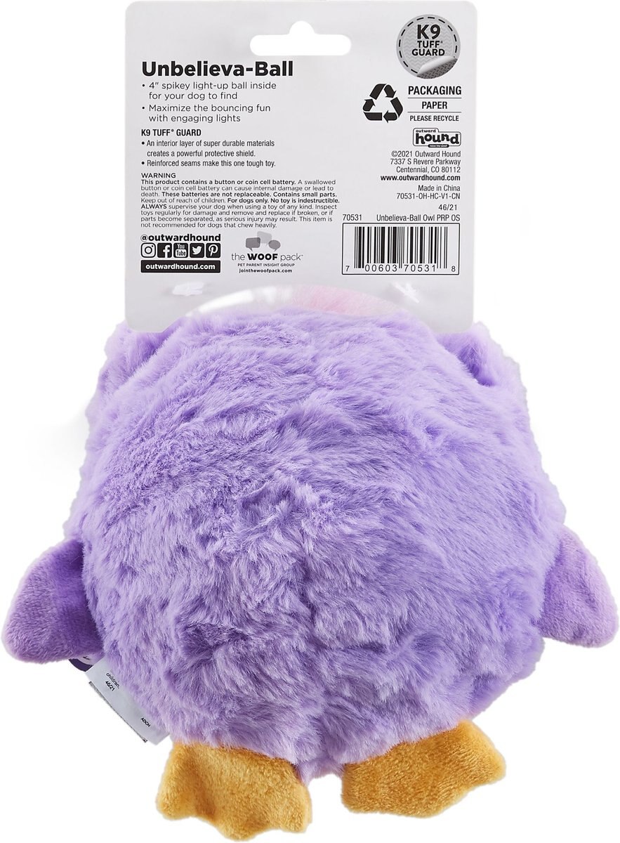 Outward Hound Unbelieva-Ball Owl Interactive Plush Toy with Light Up Ball Dog Toy， Purple