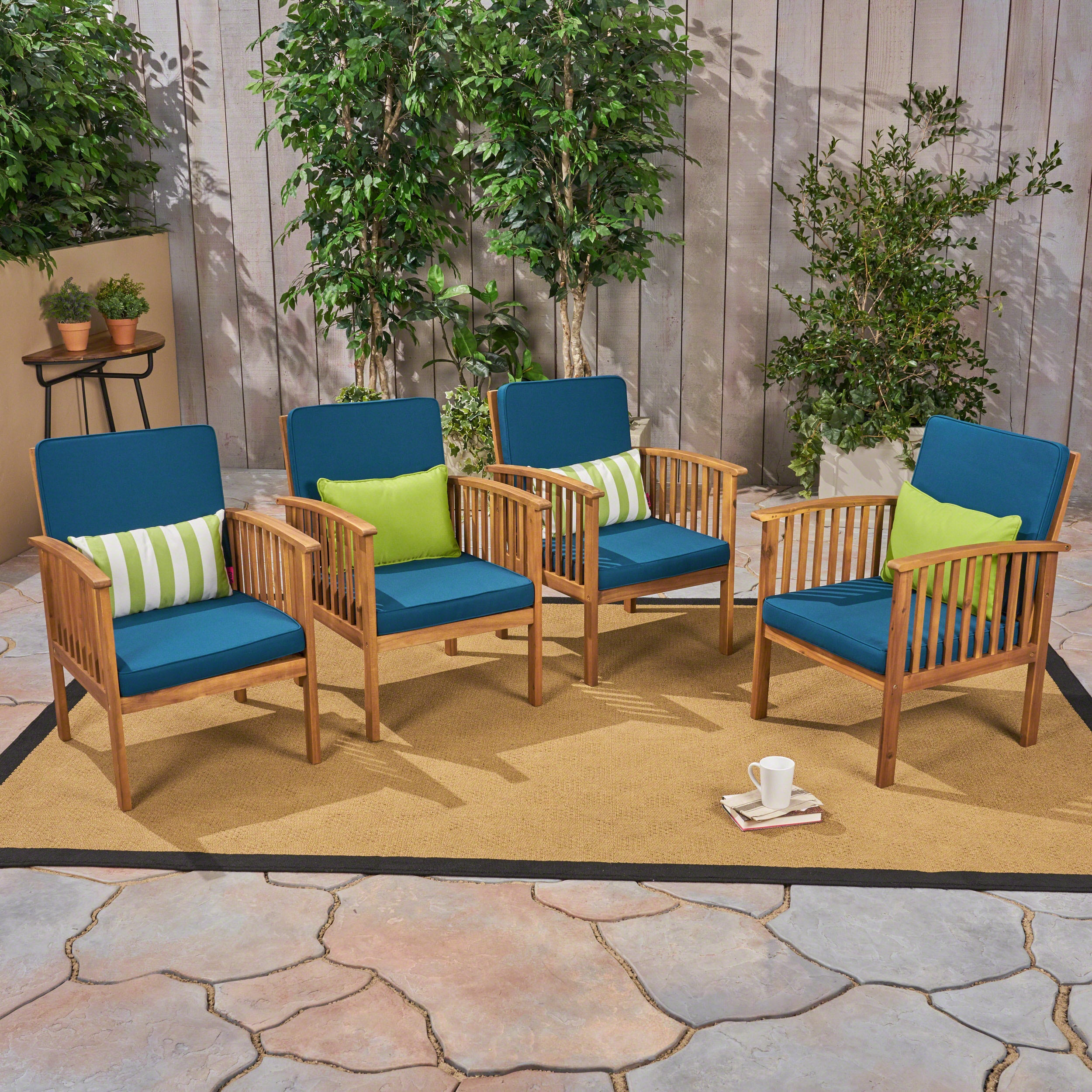 Ray Acacia Outdoor Acacia Wood Club Chairs w/ Cushions