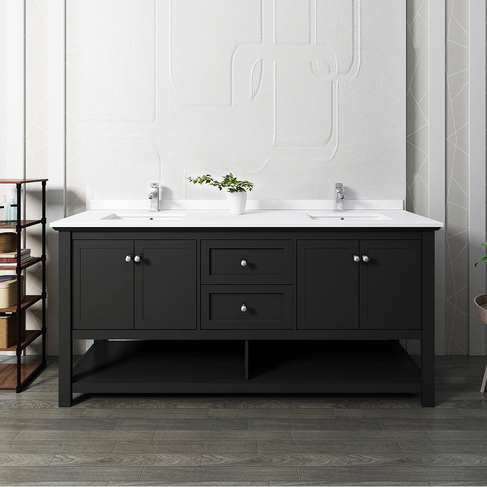 Fresca Manchester 72 in. W Bathroom Double Bowl Vanity in Black with Quartz Stone Vanity Top in White with White Basins FCB2372BL-D-CWH-U