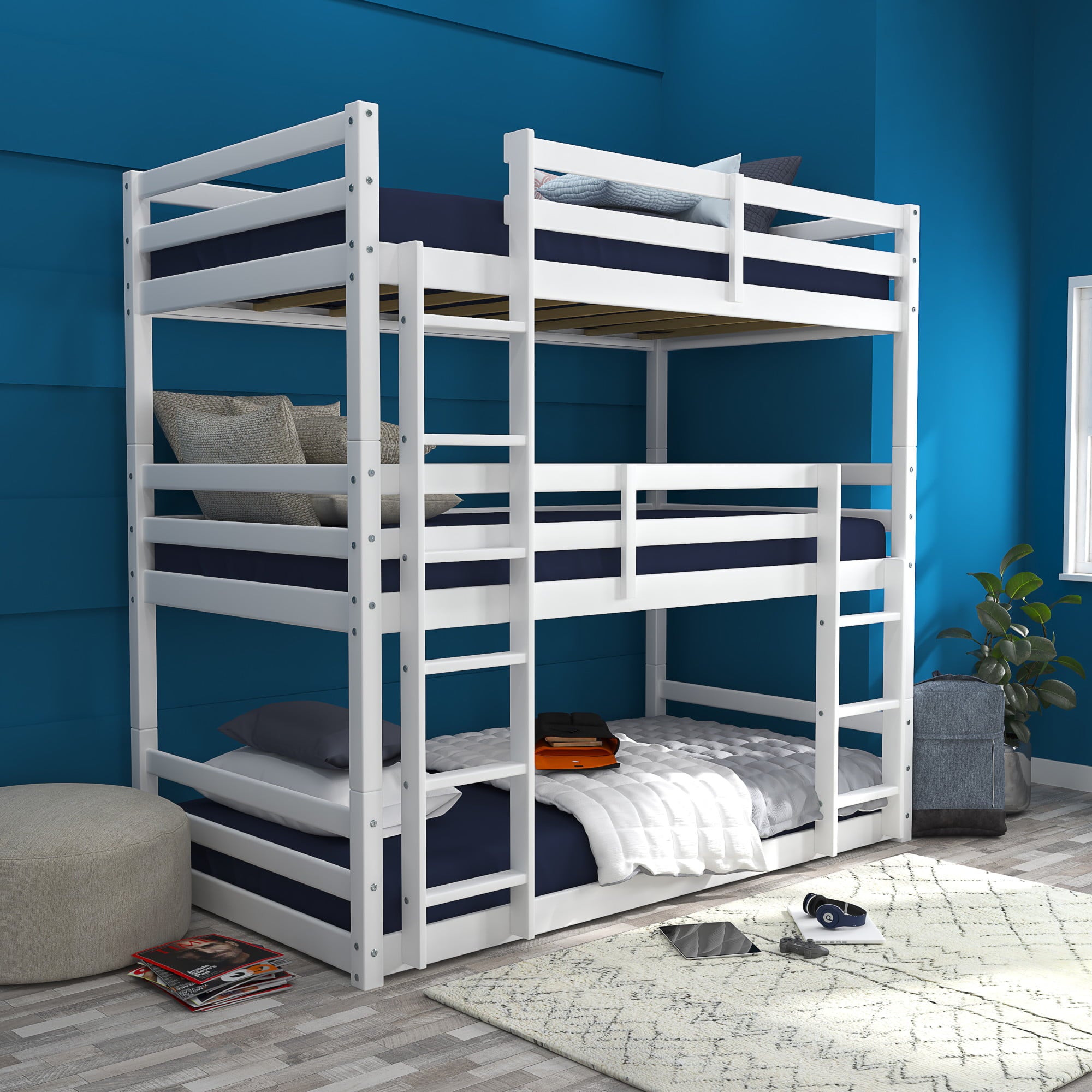 Campbell Wood Triple Twin Convertible Bunk Bed, White