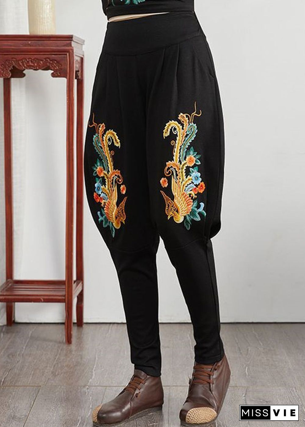 Loose Phoenix Embroideried Pockets Patchwork Cotton Pants Fall