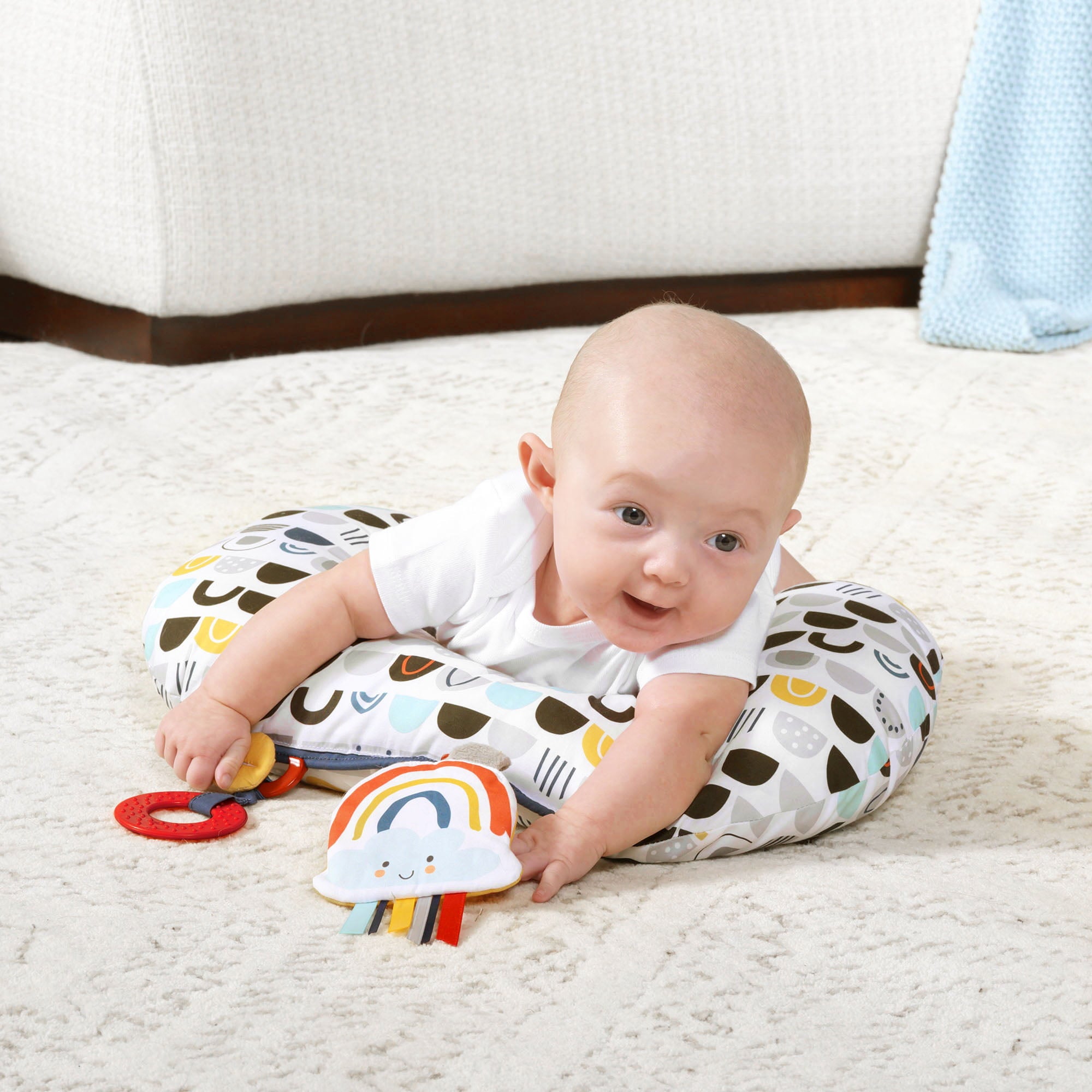 Boppy Tummy Time Prop Pillow | Black and White Modern Rainbows with Teething Toys | A Smaller Size for Comfortable Tummy Time | Attached Toys to Encourage Pediatrician Recommended Tummy Time