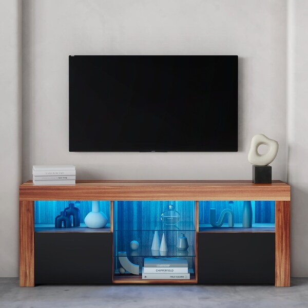 57 inch LED Media TV Stand with 2-Tier Glass Shelfand 2 Open Compartment